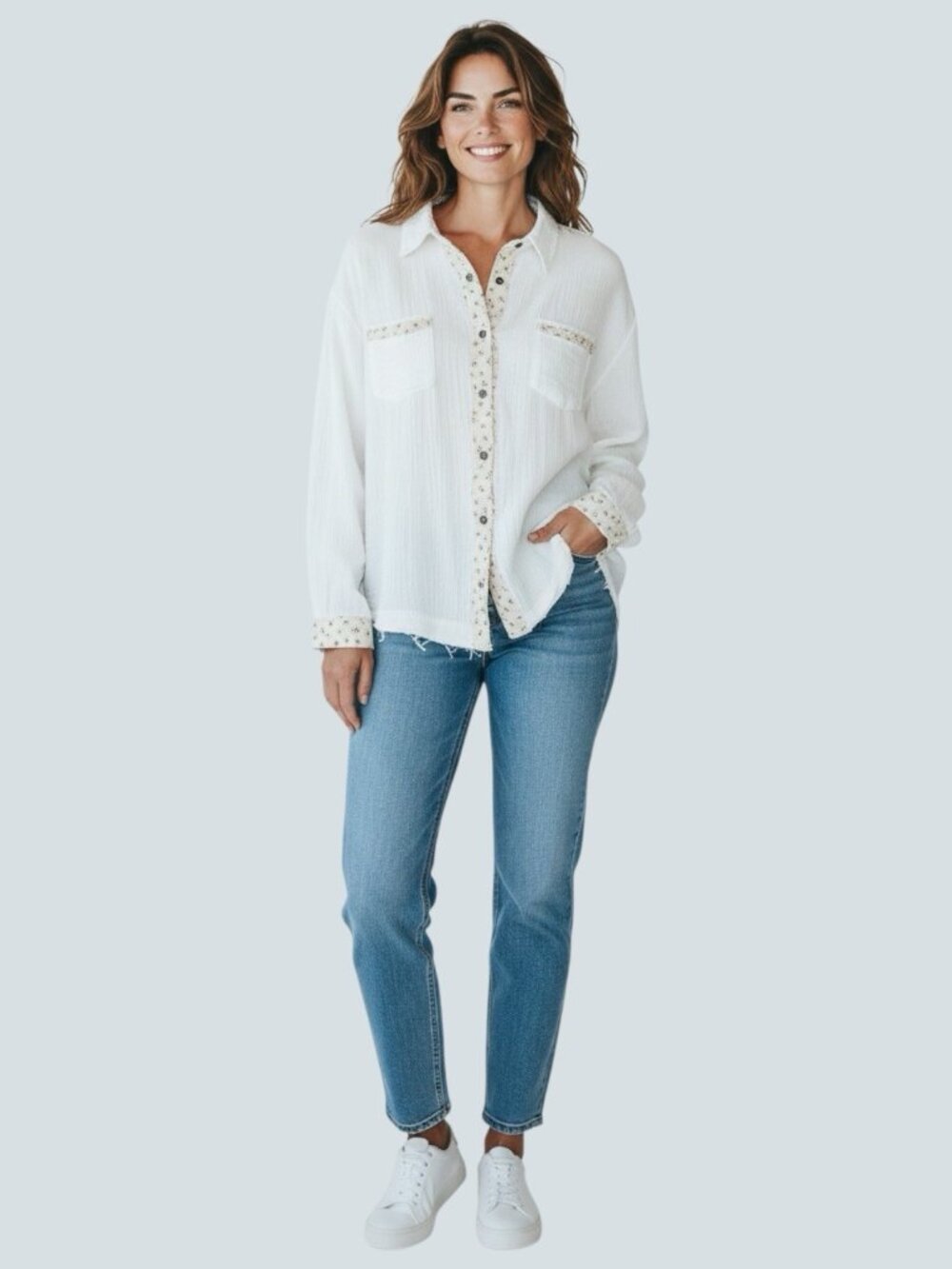POL Shirt Women’s Size L White Gauze Button Down Floral Trim Distressed Boho